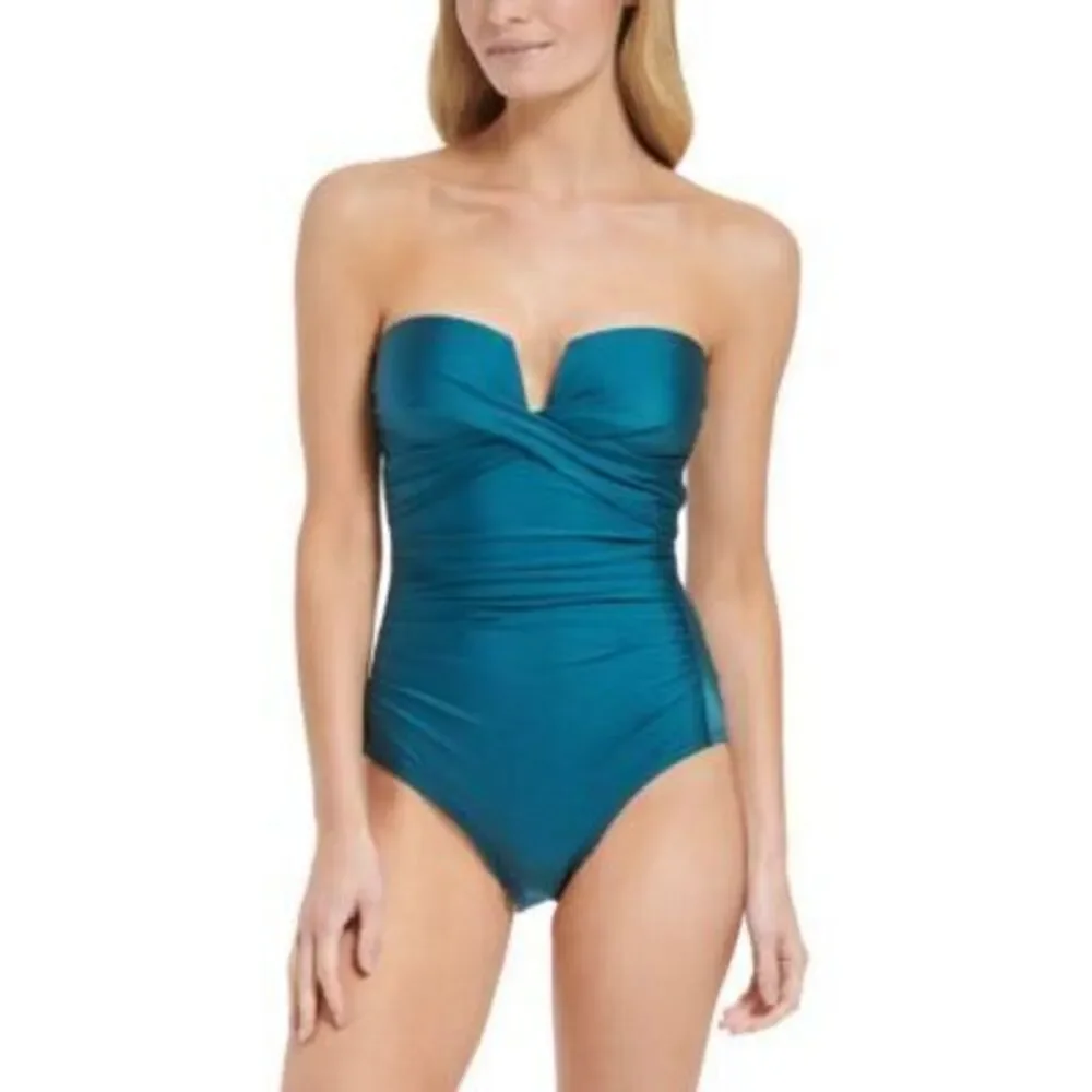 Calvin Klein Women's Blue Shirred Bandeau One-Piece Swimsuit 6